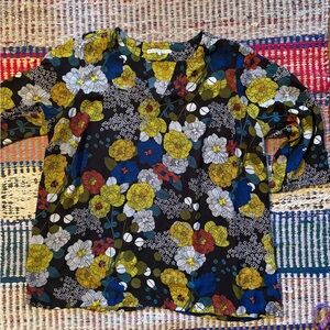 Violet & Claire Black Floral V-Neck Blouse with Yellow & Blue Flowers